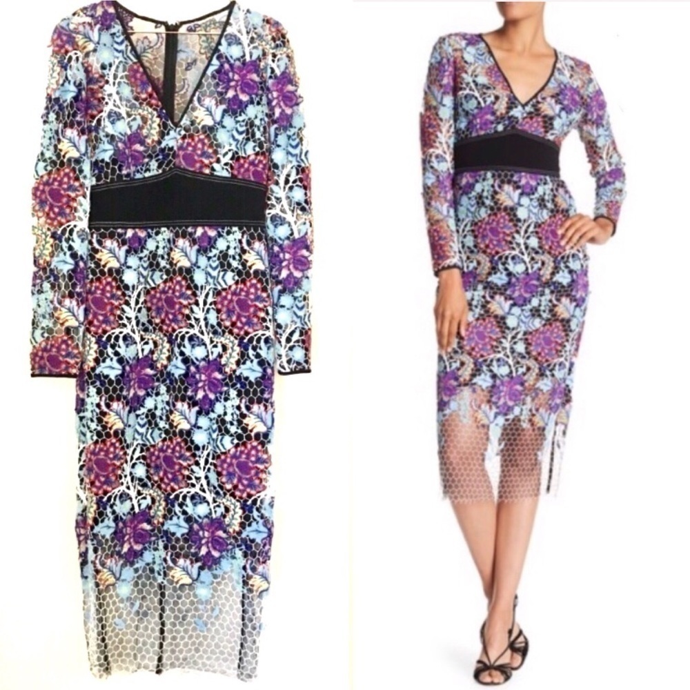 Diane Von Furstenberg exquisite multicolor guipure lace long sleeve midi dress
